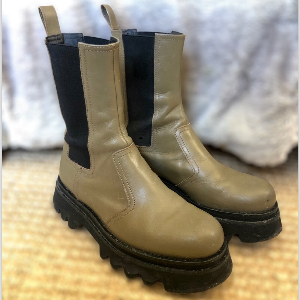 ZARA Green Khaki Lug sole combat leather boots